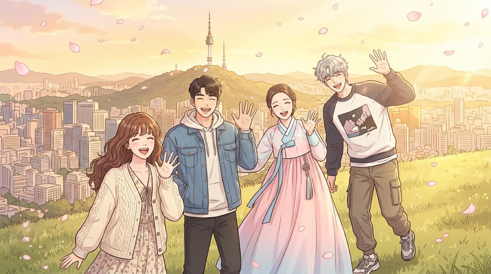 Four friends waving in front of Seoul's N Seoul Tower